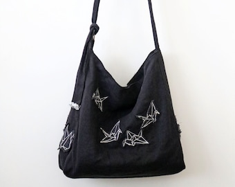 Origami Cranes Embroidered Linen Hobo Bag, Linen Hobo, Aplique