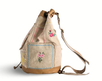 Cross stitched embroidery patchwork bucket bag, bucket bag, backpack, floral bag, patchwork