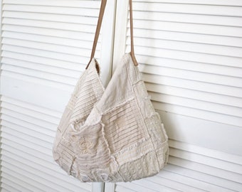 Vintage Inspired Oversized hobo Bag, linen hobo, lace bag