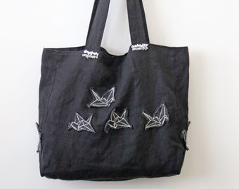 Origami Cranes Embroidered Linen Tote Bag