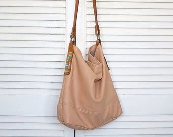 Leather Hobo Bag with Accent Beaded Detailing, Leather Hobo