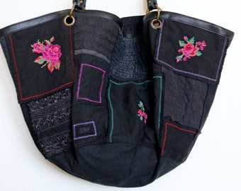 oversized embroidery tote, patchwork tote, canvas tote