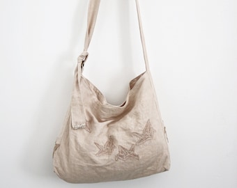 Linen Hobo bag / origami crane Embroidered  hobo bag