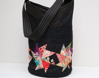 Bucket Bag, Tote Bag, Oriental Bag, Japanese bag, Japanese Origami Hand Patchwork Bag, Patchwork Bag