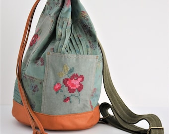 Floral Print Drawstring Bucket Bag, backpack, floral bag, bucket bag, patchwork bag