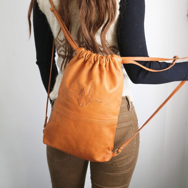 Leather drawstring backpack,  leather backpack