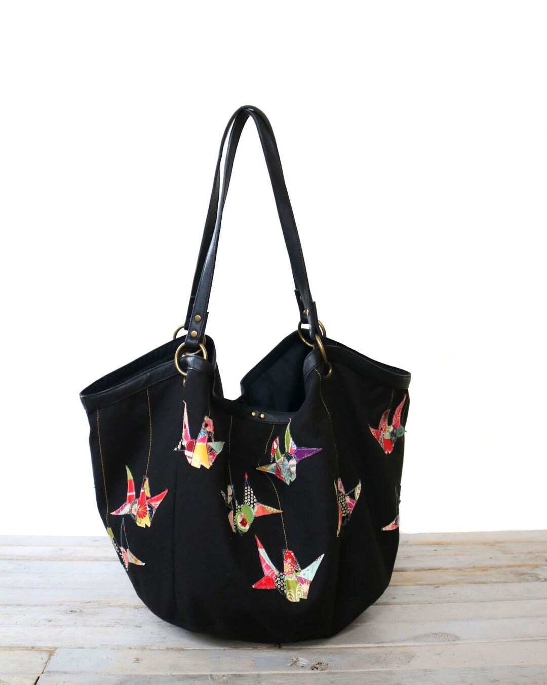 Wide Tote, Weekender Bag, Japanese Origami Crane Appliqued Large Canvas ...