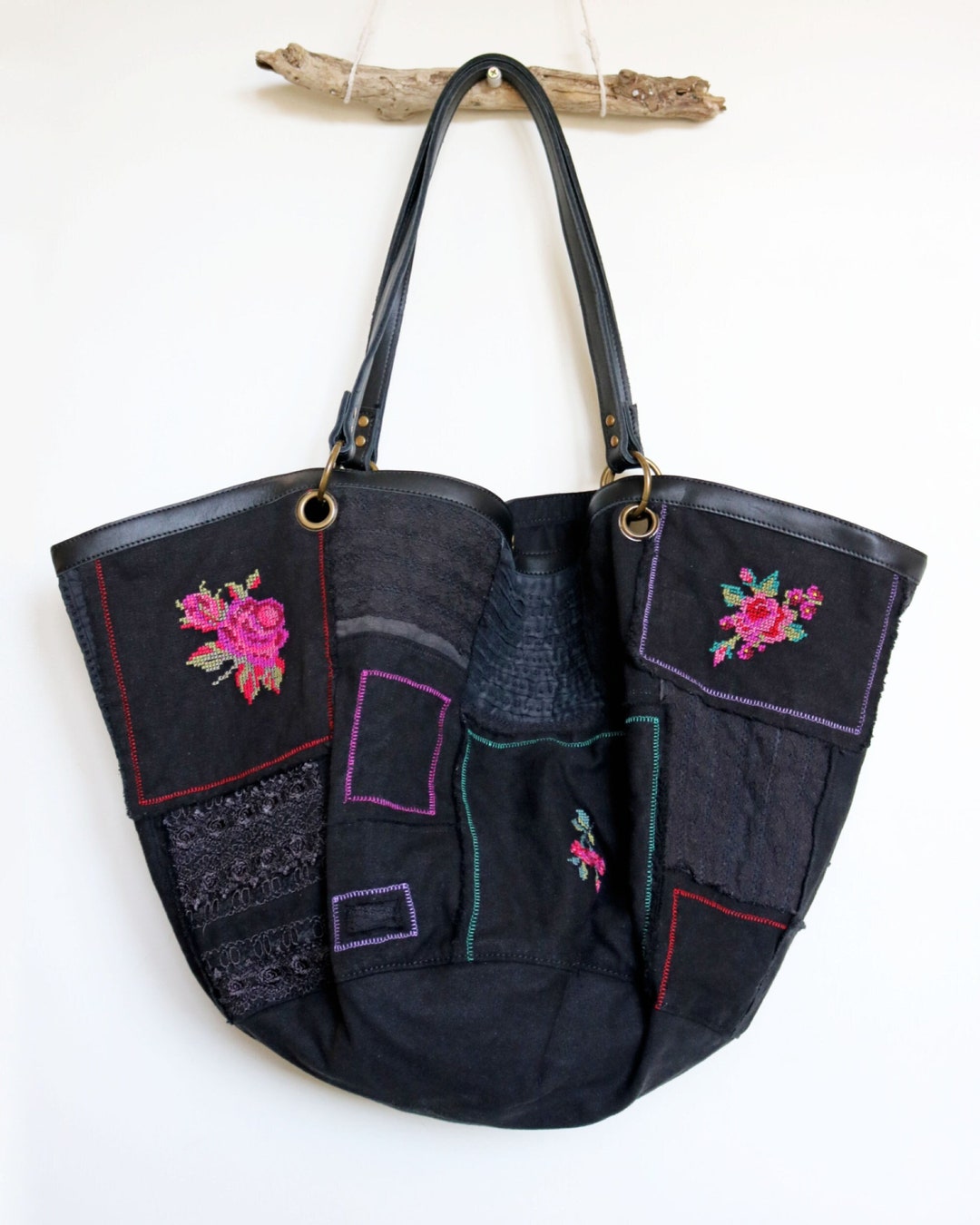 Oversized Embroidery Tote, Patchwork Tote, Canvas Tote - Etsy