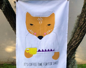 Tea Towel - "It's coffee time for FOX sake!" , foxy, coffee lover, homewares, funny gift, present, unique gifts, hard to find, birthday