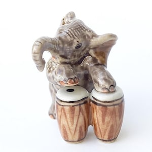 Tiny Elephant- Elephant Musician Miniature Ceramic - Playing Drum - Porcelain Figurine  Home Decor -  Best Quality