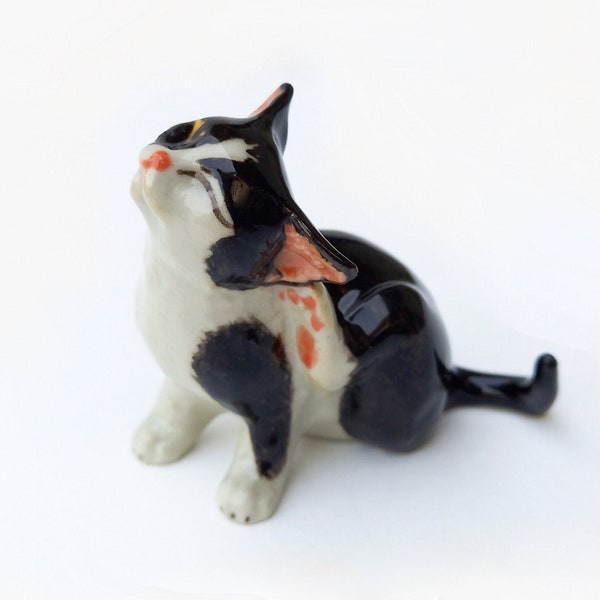 Miniature Black And White Cat Scratching - Ceramic Hand Painted