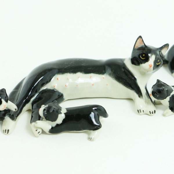 Adorable Miniature Cats Figurine - Miniature Tuxedo Cats - Black And White Cats - Ceramic Hand Painted