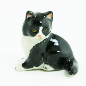 Miniature Animal Figurine -Cat Miniature Black And White Cat  - Ceramic Hand Painted