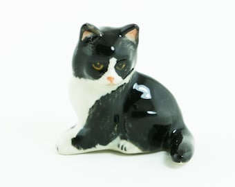 Miniature Animal Figurine -Cat Miniature Black And White Cat  - Ceramic Hand Painted