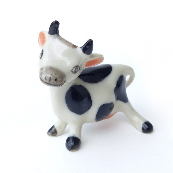 Miniature Ceramic Cow - Polka Dot Cute Cow - Black And White Cow Figurine - Ceramic Hand Painted