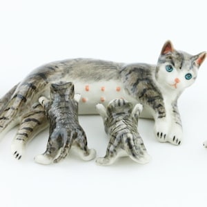 Miniature Animal Figurine - Miniature Striped  Black Cat - Ceramic Hand Painted