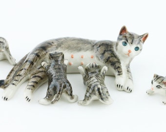 Miniature Animal Figurine - Miniature Striped  Black Cat - Ceramic Hand Painted