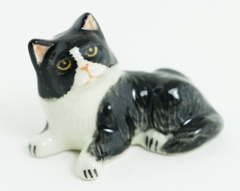 Miniature Animal Figurine -Cat Miniature Black And White Cat  - Ceramic Hand Painted