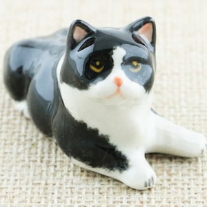 Miniature Animal Figurine -Cat Miniature Black And White Cat  - Ceramic Hand Painted