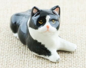 Miniature Animal Figurine -Cat Miniature Black And White Cat  - Ceramic Hand Painted