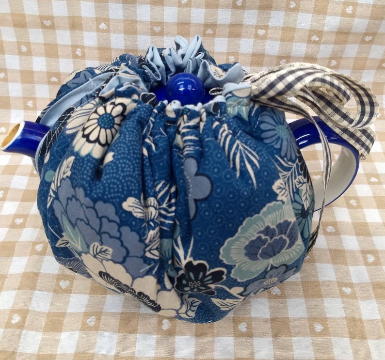 Cotton fabric drawstring tea cosy cotton lined choose your own fabric tea cozy gift ex pat image 1