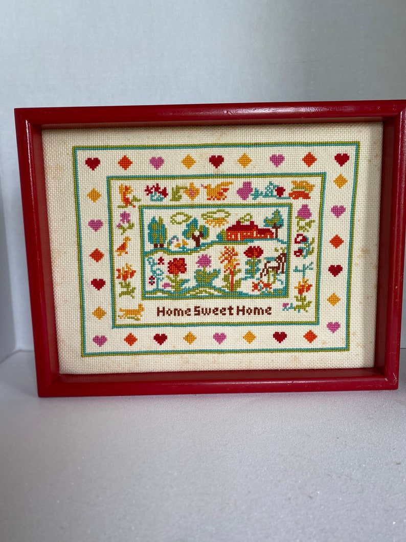 Vintage Needle Point Home Sweet Home Sign in Red Frame Colorful Welcome Sign
