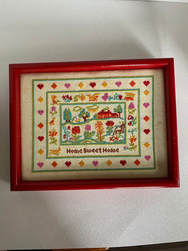 Vintage Needle Point Home Sweet Home Sign in Red Frame Colorful Welcome Sign