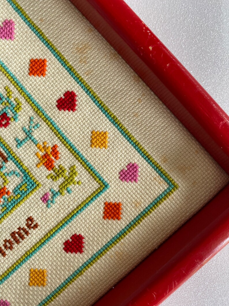 Vintage Needle Point Home Sweet Home Sign in Red Frame Colorful Welcome Sign