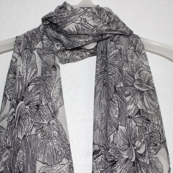 Black and White Sketched  Flower Scarf, For Her, Summer Spring Accessories, Easter, Formal Casual,