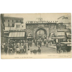 Tunis, Tunísia – La Porte de France anteriormente conhecida como Bab el Bhar Cartão postal, início do século XX