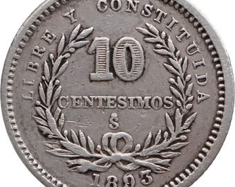 1893 10 Centesimos Overdate Uruguay Coin Silver Santiago Mint