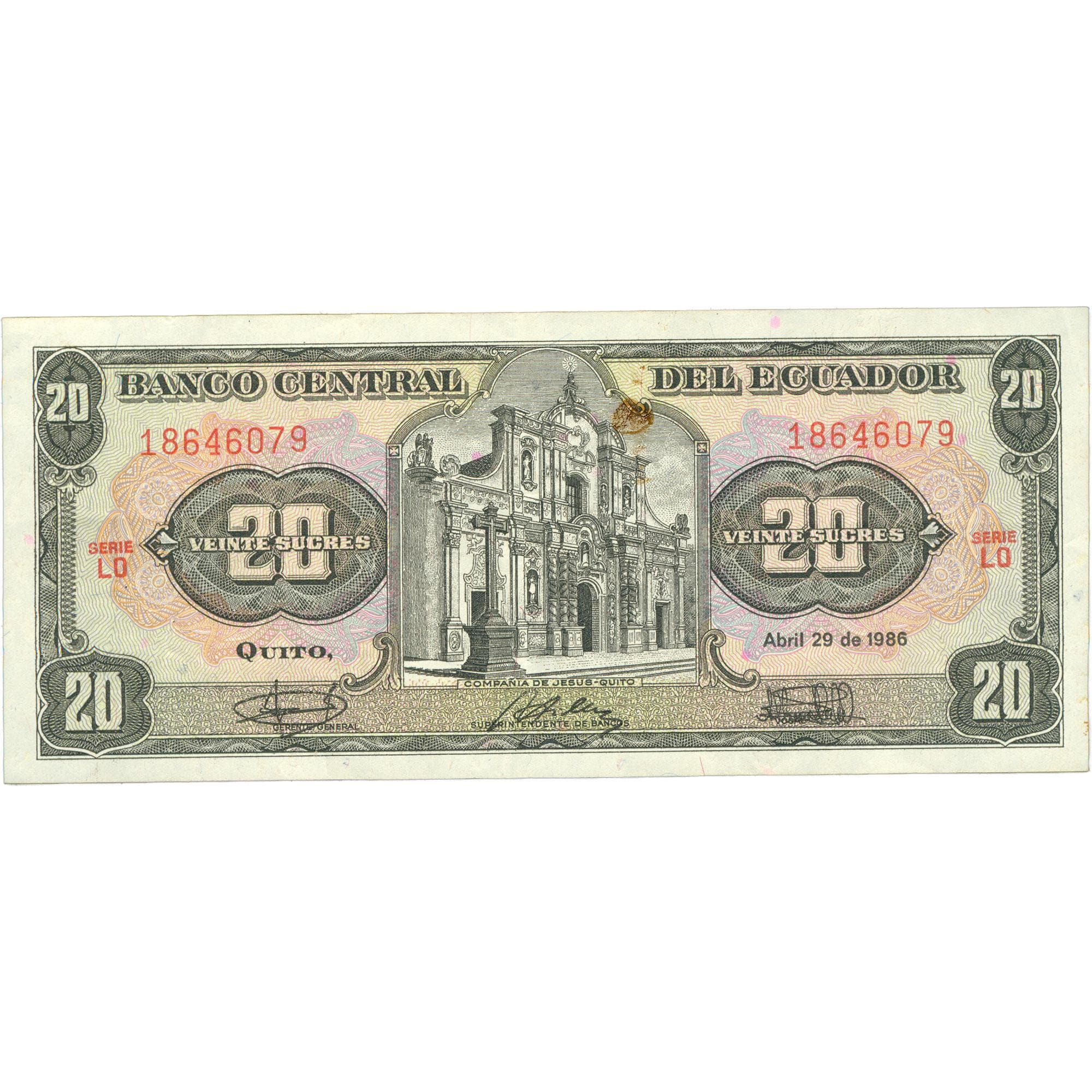 1986 Ecuador 20 Sucres Banknote (BAN501-)