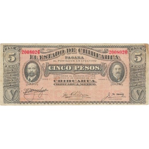 Banconota del Messico del 1914 da 5 pesos. Cartamoneta da collezione