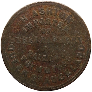 1863 1 Penny Ashton, H. Auckland Neuseeland Trade Token