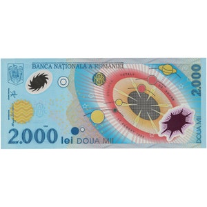Puede incluir: Un billete de banco rumano de 2000 lei azul y amarillo con una representación de un eclipse solar y el texto "TOTALA ECLIPSĂ DE SOARE 11 AUGUST 1999".
