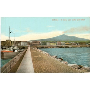 Catane, Italie - Il Molo con Vista dell'Etna - Carte postale du milieu du XXe siècle