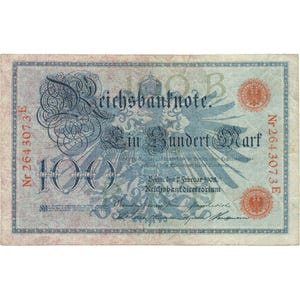 May include: A vintage 100 Mark Reichsbanknote, featuring intricate scrollwork and an eagle emblem. The banknote has a blue and gray color scheme with red seals and text in German. The serial number is visible on the left and right sides.