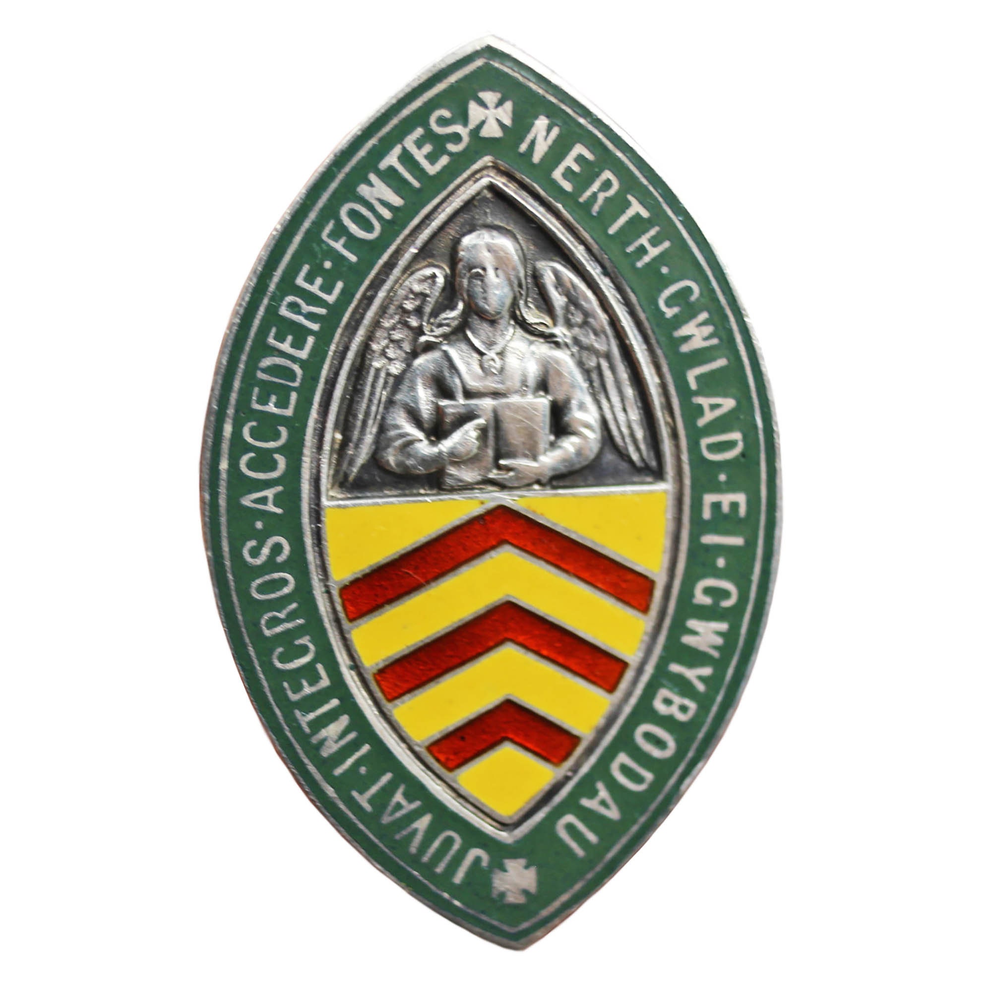 Antique Sterling Silver Enamel Brooch: Welsh Motto, Birmingham 1919