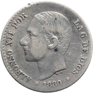 1880 Spain 50 Centimos Alfonso XII Silver Coin Madrid Mint 6-pointed Star