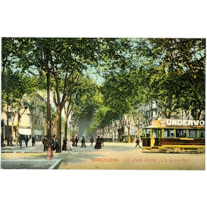 Barcelona, Espanha – Calle de Cortes (La Gran Vía) – Postal de meados do século XX