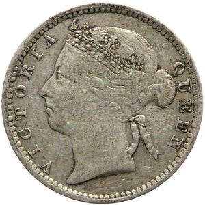 May include: Silver coin depicting a profile portrait of Queen Victoria wearing a crown and a ribbon. The coin is inscribed with "VICTORIA QUEEN" around the edge.
