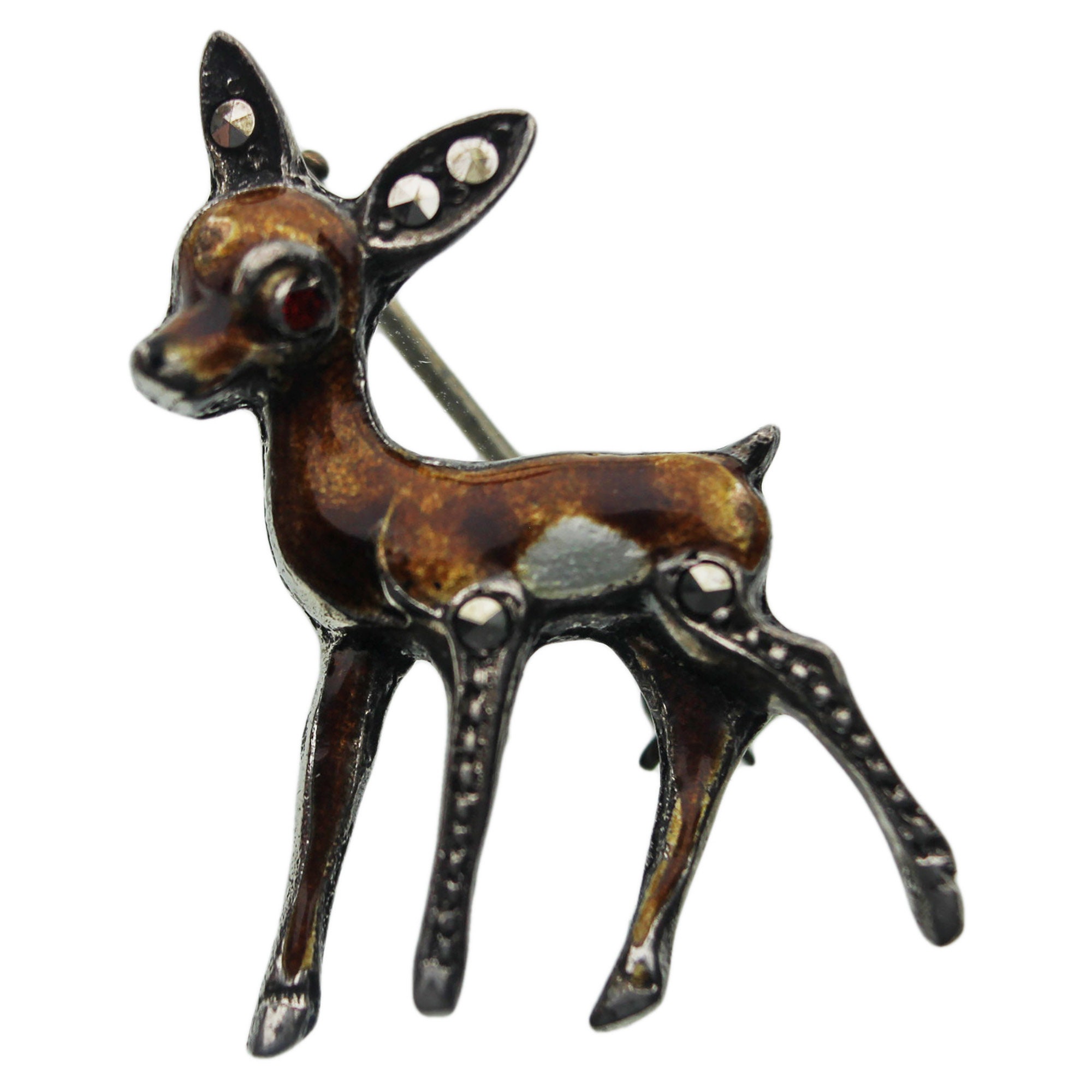 Vintage Silver Brooch Bambi Deer Enamel Marcasite