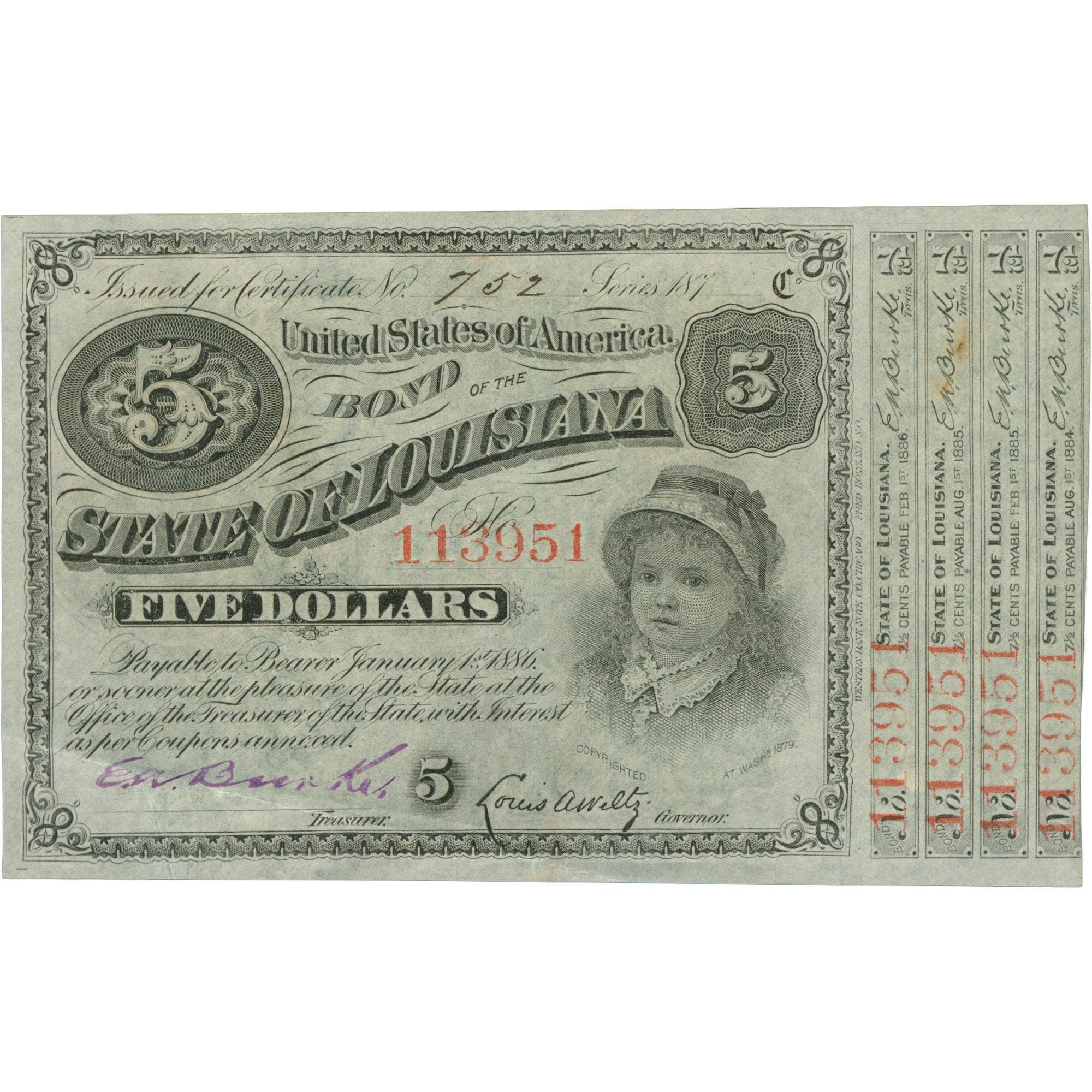 1879 Louisiana 5 Dollar Bond Certificate (BAN550-)