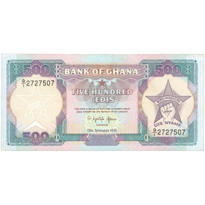 May include: A banknote from the Bank of Ghana, featuring the text "FIVE HUNDRED CEDIS". The bill has a star and fist emblem on both sides, with the date "19TH. SEPTEMBER 1991". The bill is primarily green, purple, and pink.