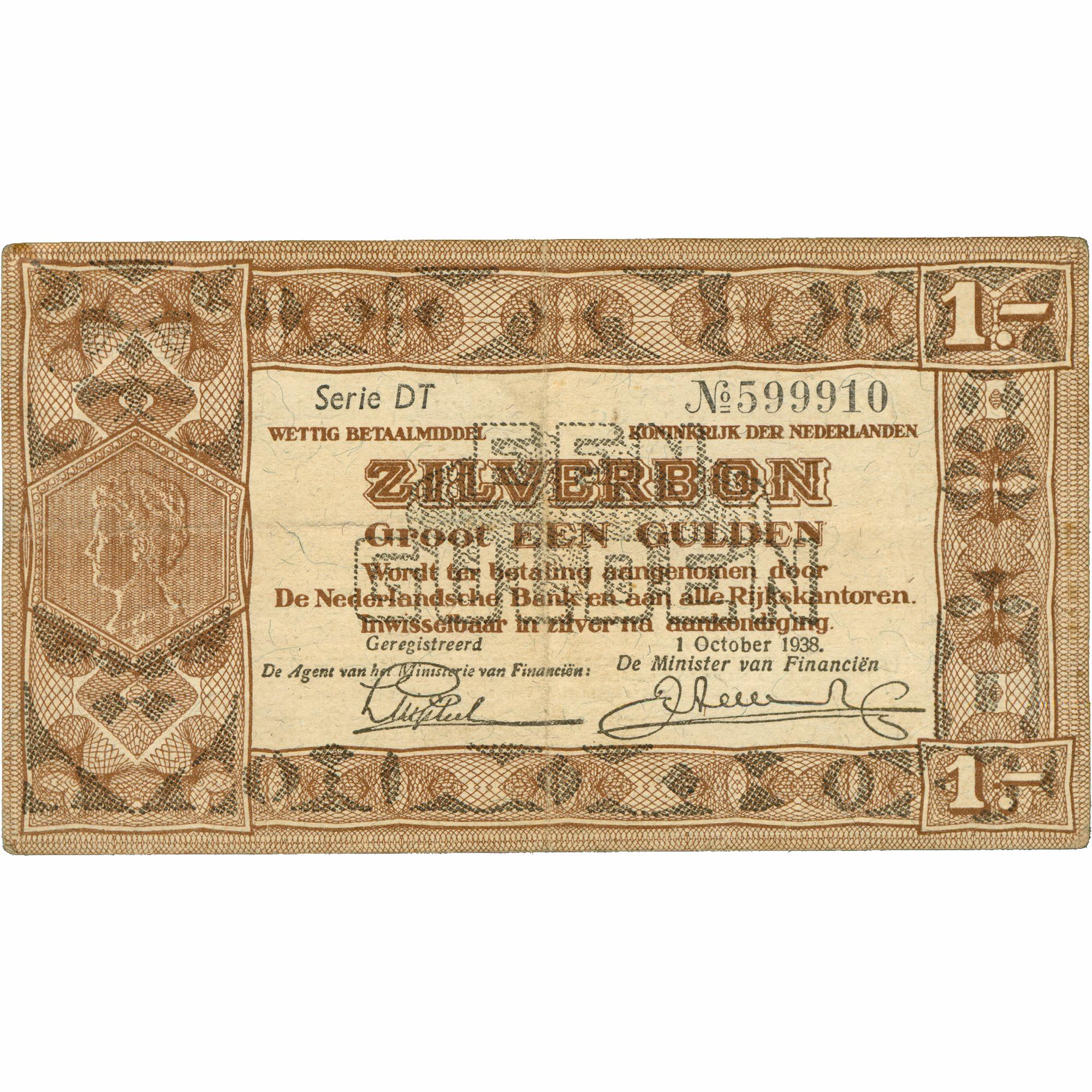 1938 Netherlands 1 Gulden Zilverbon Banknote (BAN435-)