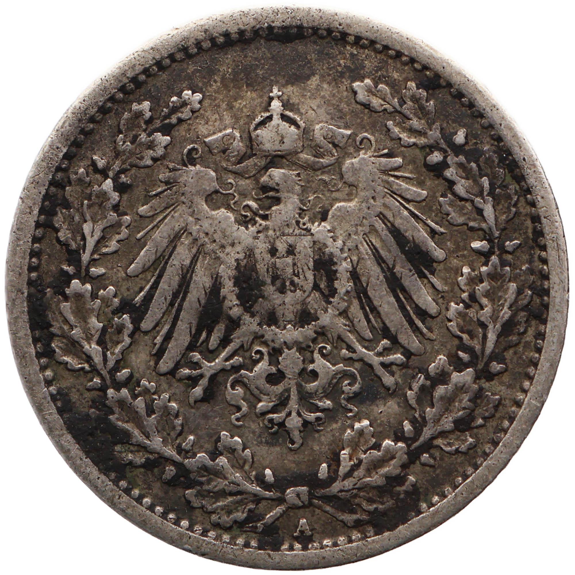 1908年ドイツ半マルク ヴィルヘルム2世 銀貨（タイプ2 - 小型盾