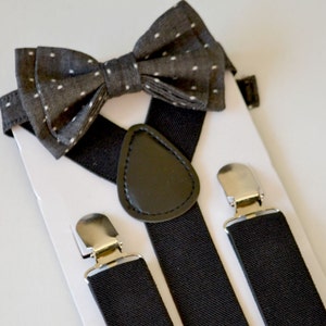 Black Polka Dot Bow Tie & Black Suspenders for Baby Toddler Boy Men, Wedding Bow Tie Suspenders, Bow Tie Suspenders Ring Bearer
