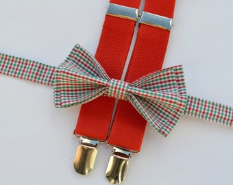 Red Green Plaid Bow Tie & Red Suspenders for Baby Toddler Boy, Bow Tie Suspenders for Mens, First Birthday Bow Tie Suspenders for Baby Boy