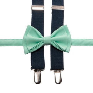 Mint Bow Tie & Navy Suspenders with Mint Pocket Square for Baby Toddler Boy Men