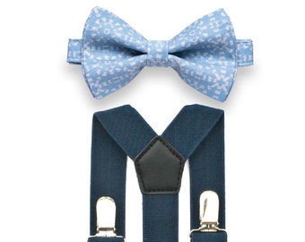 Baby Blue Bow Tie & Navy Blue Suspenders Set, Bow Tie Suspenders Man, Bow Tie Suspenders Boys